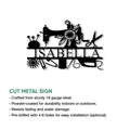 Sewing room metal sign artwork shown with product feature information and installation details