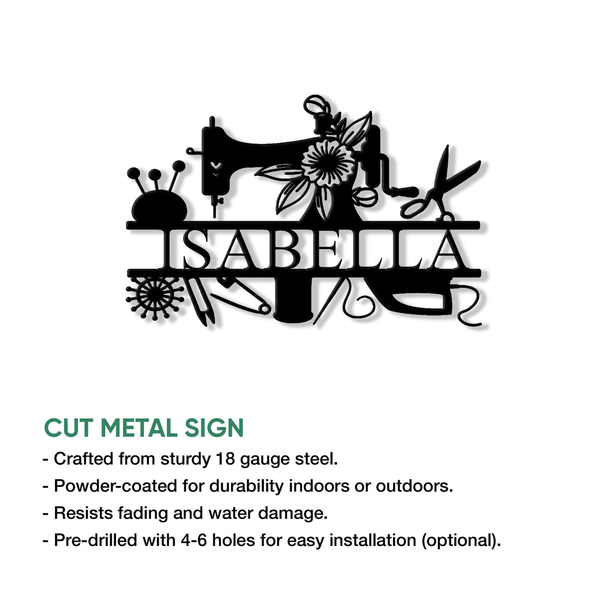 Sewing room metal sign artwork shown with product feature information and installation details