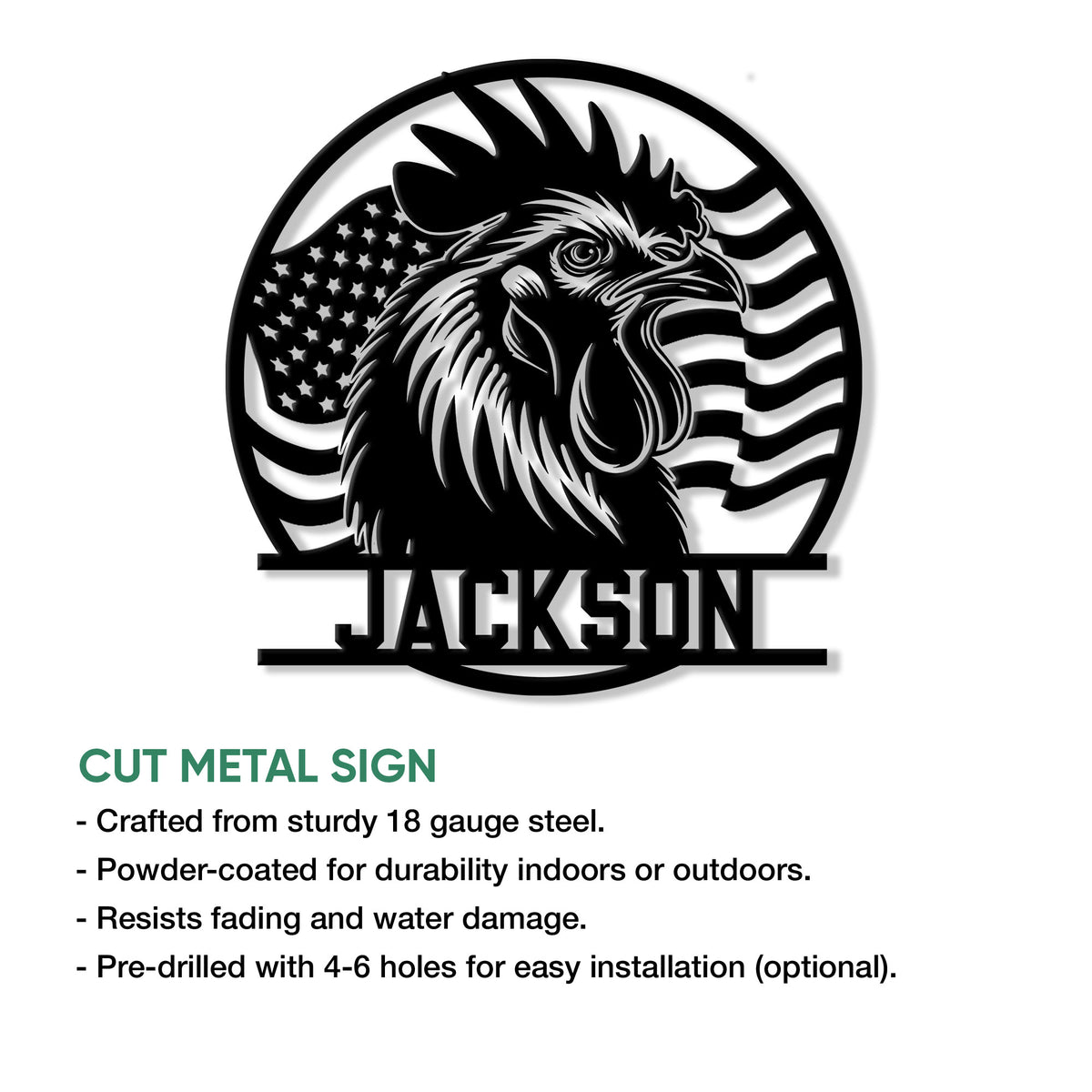 Cut metal rooster sign shown with a detailed chicken design and patriotic flag backdrop