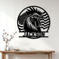 Rooster wall decor displayed above a console table in a bright farmhouse-style entryway