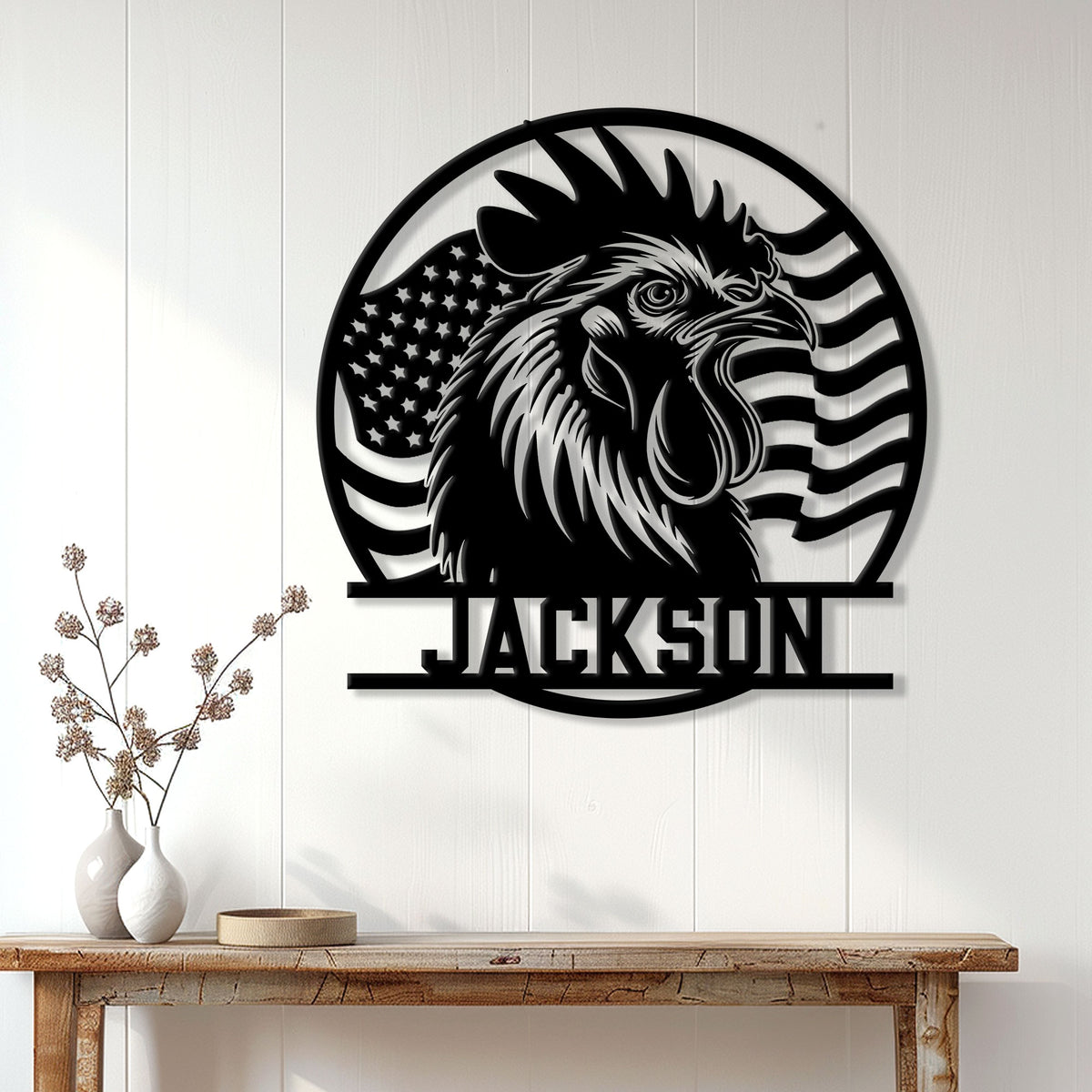 Rooster wall decor displayed above a console table in a bright farmhouse-style entryway