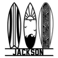 Custom surfing metal sign featuring three stylized surfboards with ocean waves, sunrise rays, and tropical leaf details