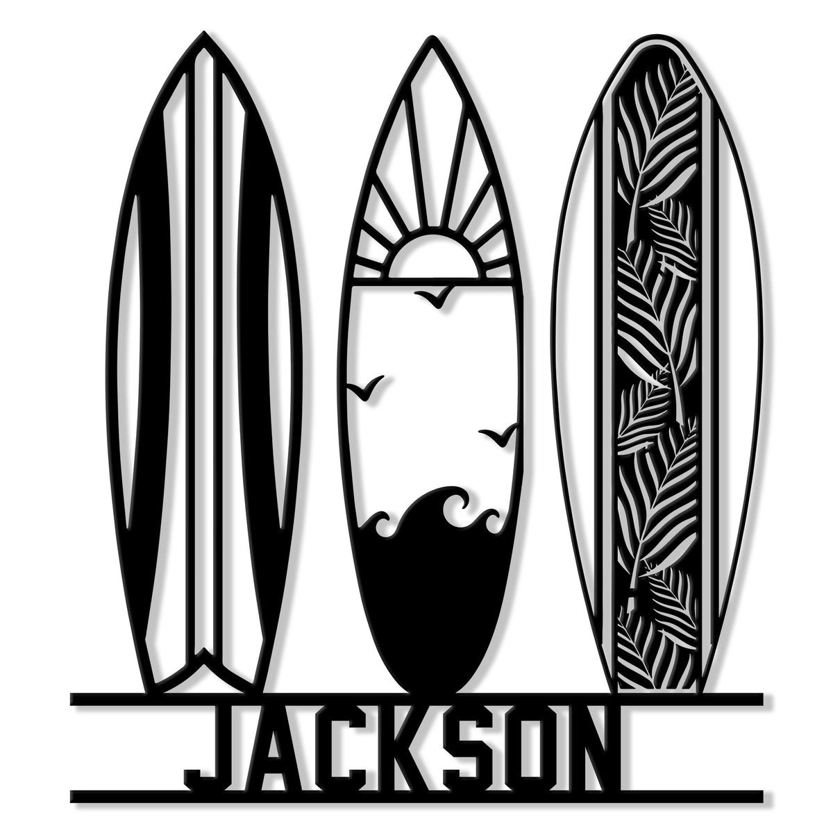 Custom surfing metal sign featuring three stylized surfboards with ocean waves, sunrise rays, and tropical leaf details