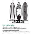 Surfboard wall sign feature graphic showing three cut-metal board designs and indoor or outdoor display details