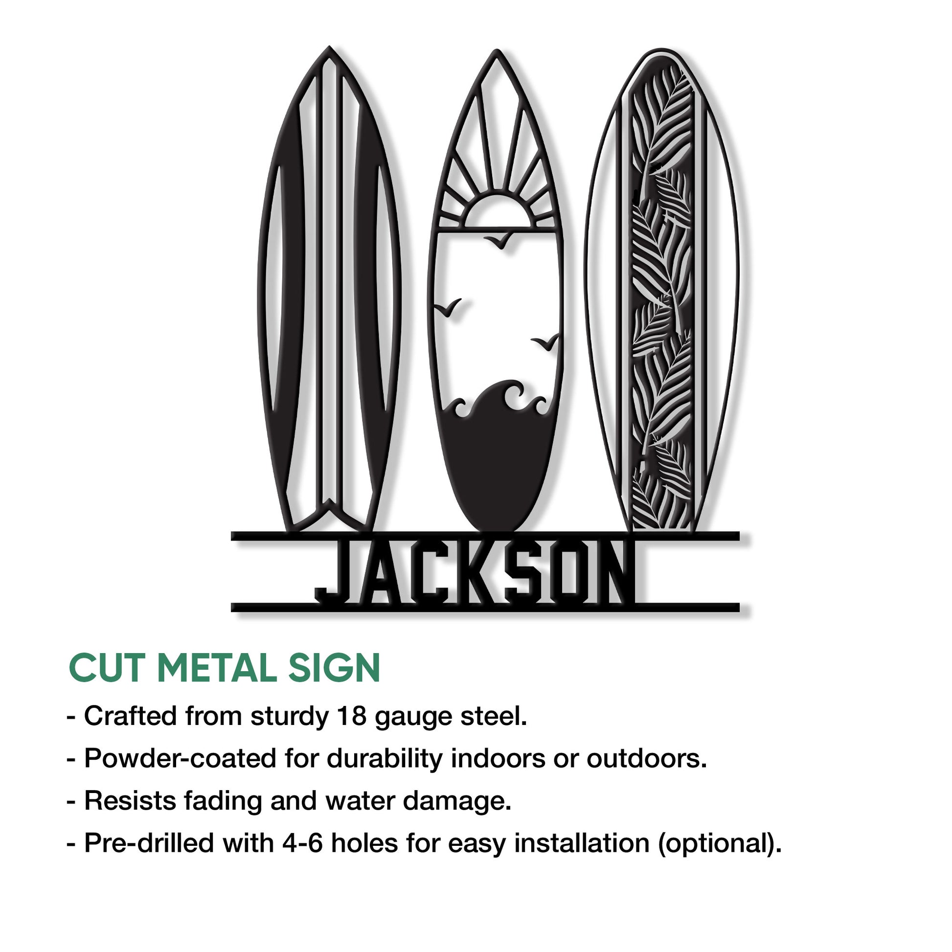 Surfboard wall sign feature graphic showing three cut-metal board designs and indoor or outdoor display details