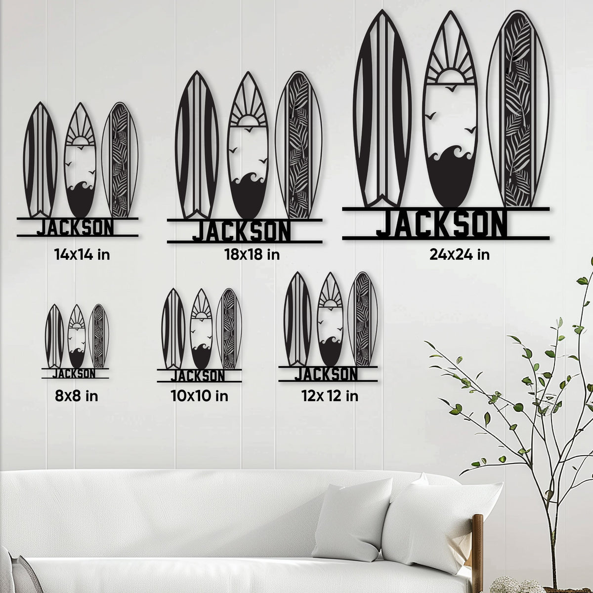 Surfboard metal sign size guide showing available square dimensions from 8 by 8 to 24 by 24 inches