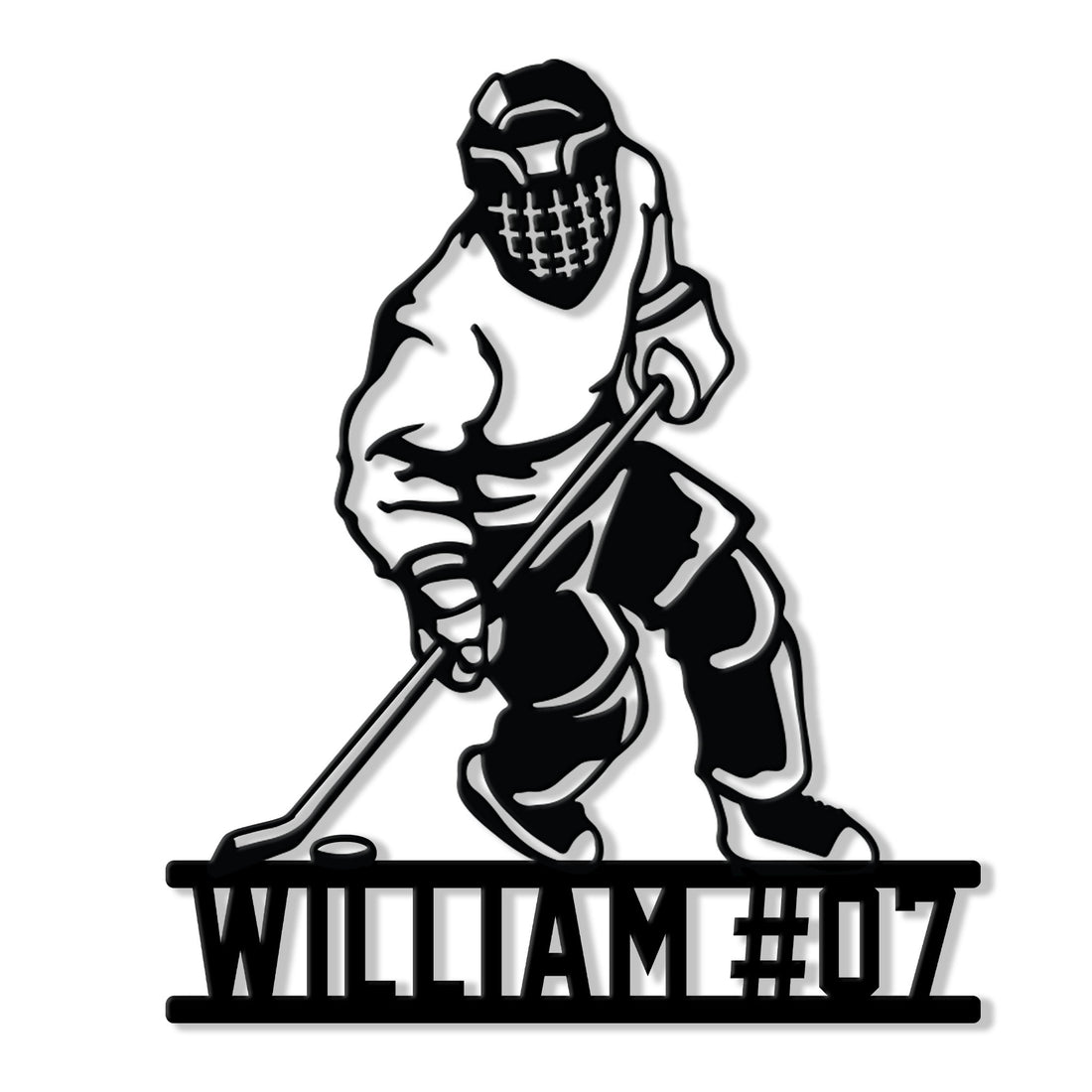 Black hockey player silhouette metal sign featuring a helmet, stick, puck, and bold custom design