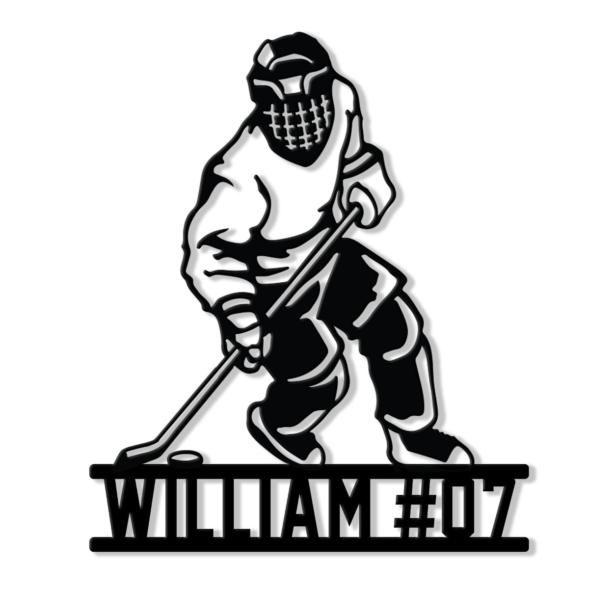 Black hockey player silhouette metal sign featuring a helmet, stick, puck, and bold custom design
