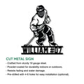 Hockey player metal sign product graphic showing the cut design and available indoor or outdoor display use