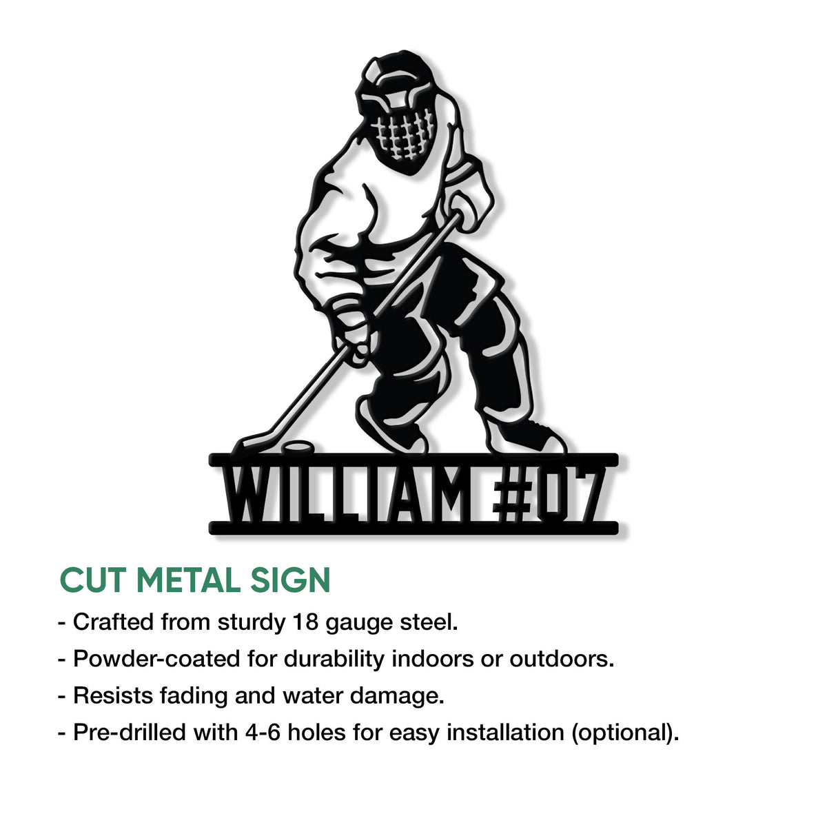 Hockey player metal sign product graphic showing the cut design and available indoor or outdoor display use