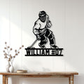 Hockey metal wall sign displayed on a light wood-paneled wall above a console table