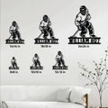 Hockey player metal sign size guide showing six available square dimensions in a room setting