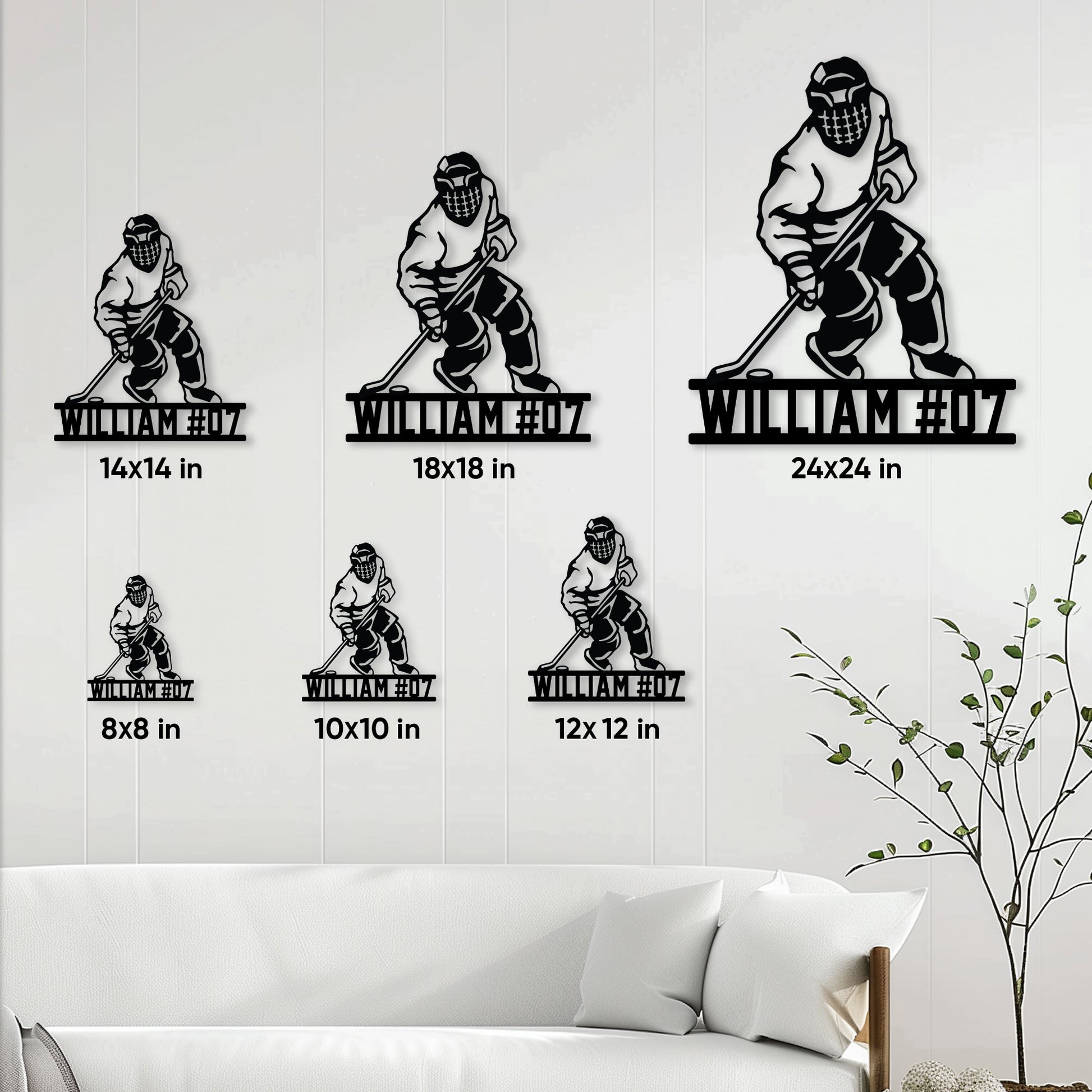 Hockey player metal sign size guide showing six available square dimensions in a room setting