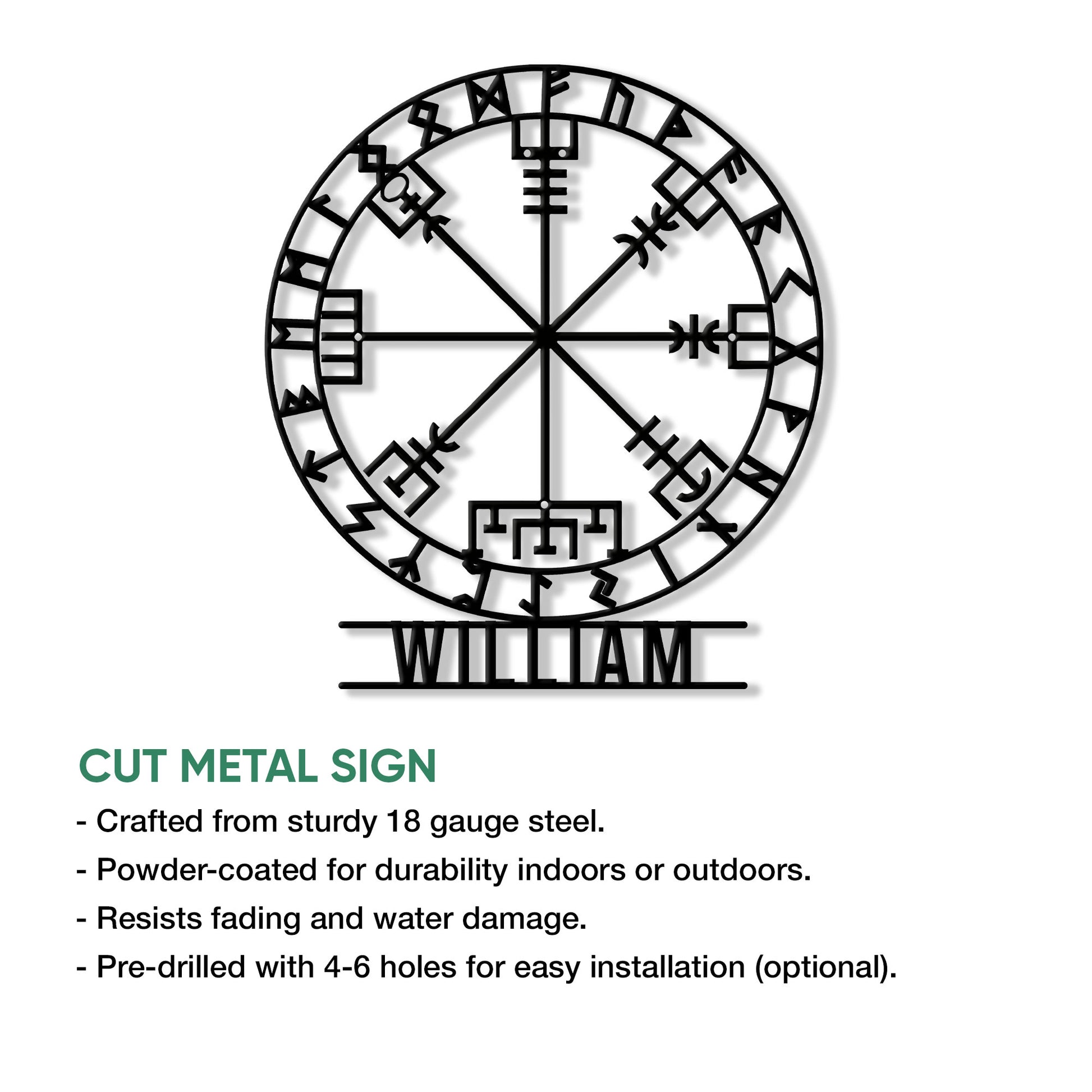 Viking compass metal sign feature graphic showing the cut-steel design and installation options