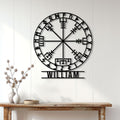 Norse compass metal sign displayed as Viking-inspired wall decor above a console table