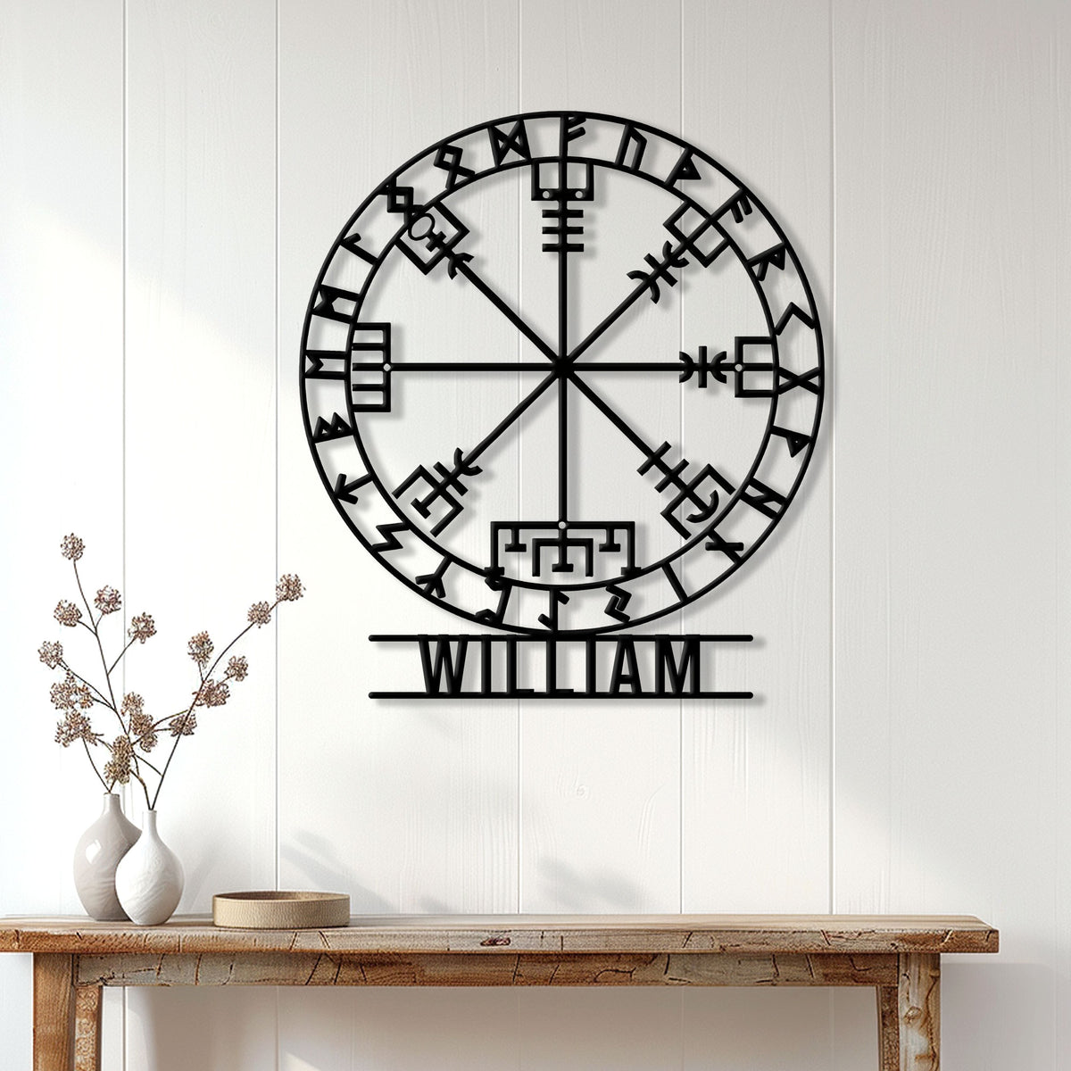 Norse compass metal sign displayed as Viking-inspired wall decor above a console table