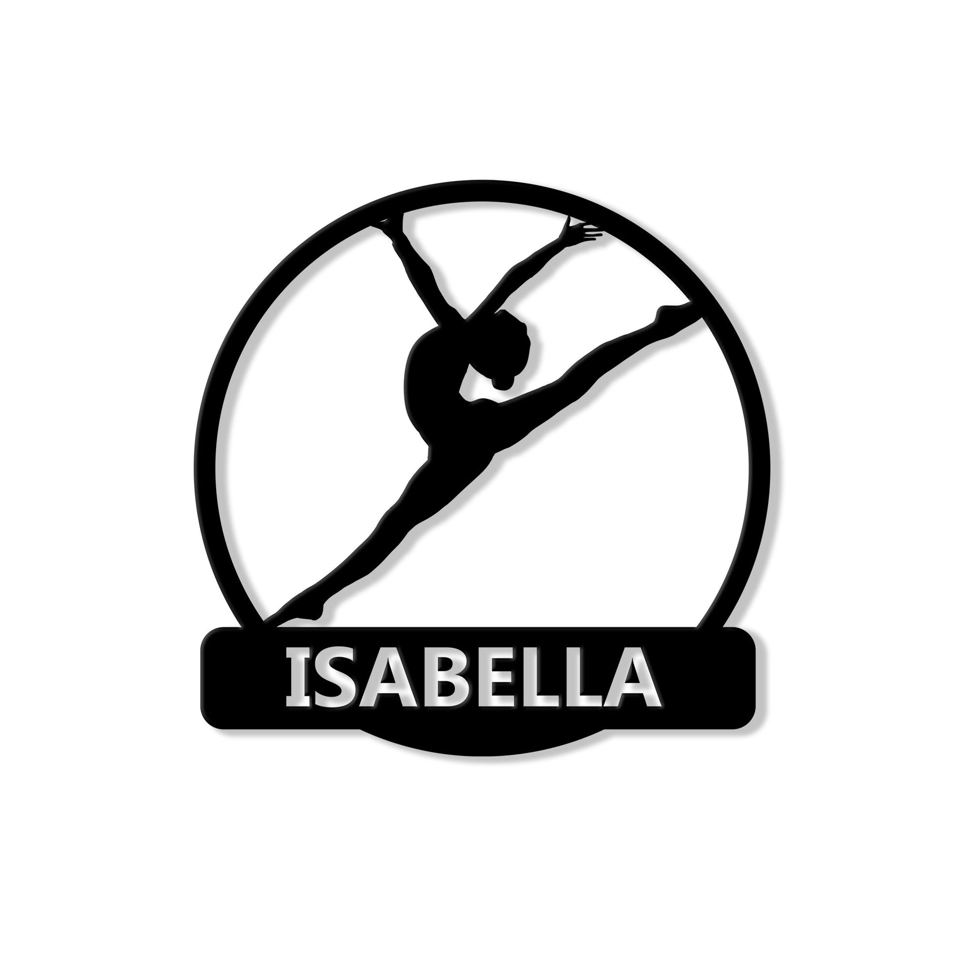 Gymnastics metal sign featuring a gymnast silhouette performing a split on uneven bars