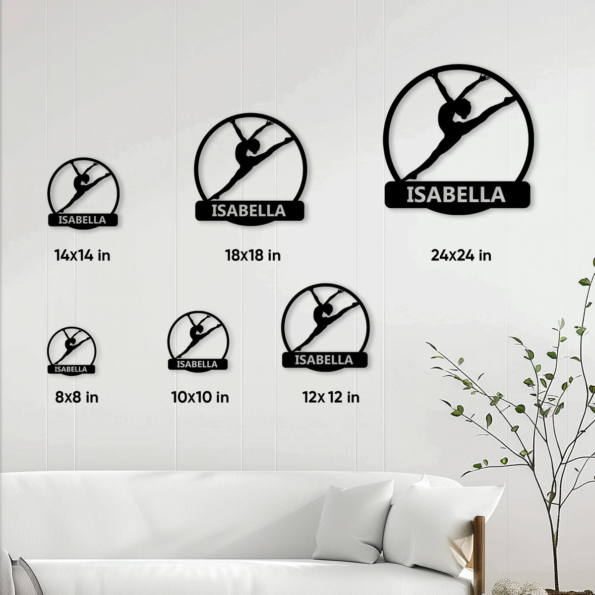 Gymnastics metal sign size guide showing 8x8, 10x10, 12x12, 14x14, 18x18, and 24x24 inch options