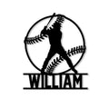 Custom baseball metal sign featuring a bold batter silhouette inside a detailed baseball outline