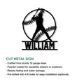 Baseball metal sign product guide showing the batter silhouette design and cut metal sign features
