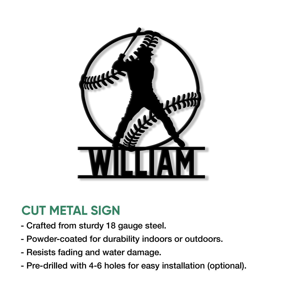 Baseball metal sign product guide showing the batter silhouette design and cut metal sign features
