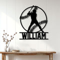 Custom baseball wall sign displayed on a light wood-paneled wall above a rustic console table