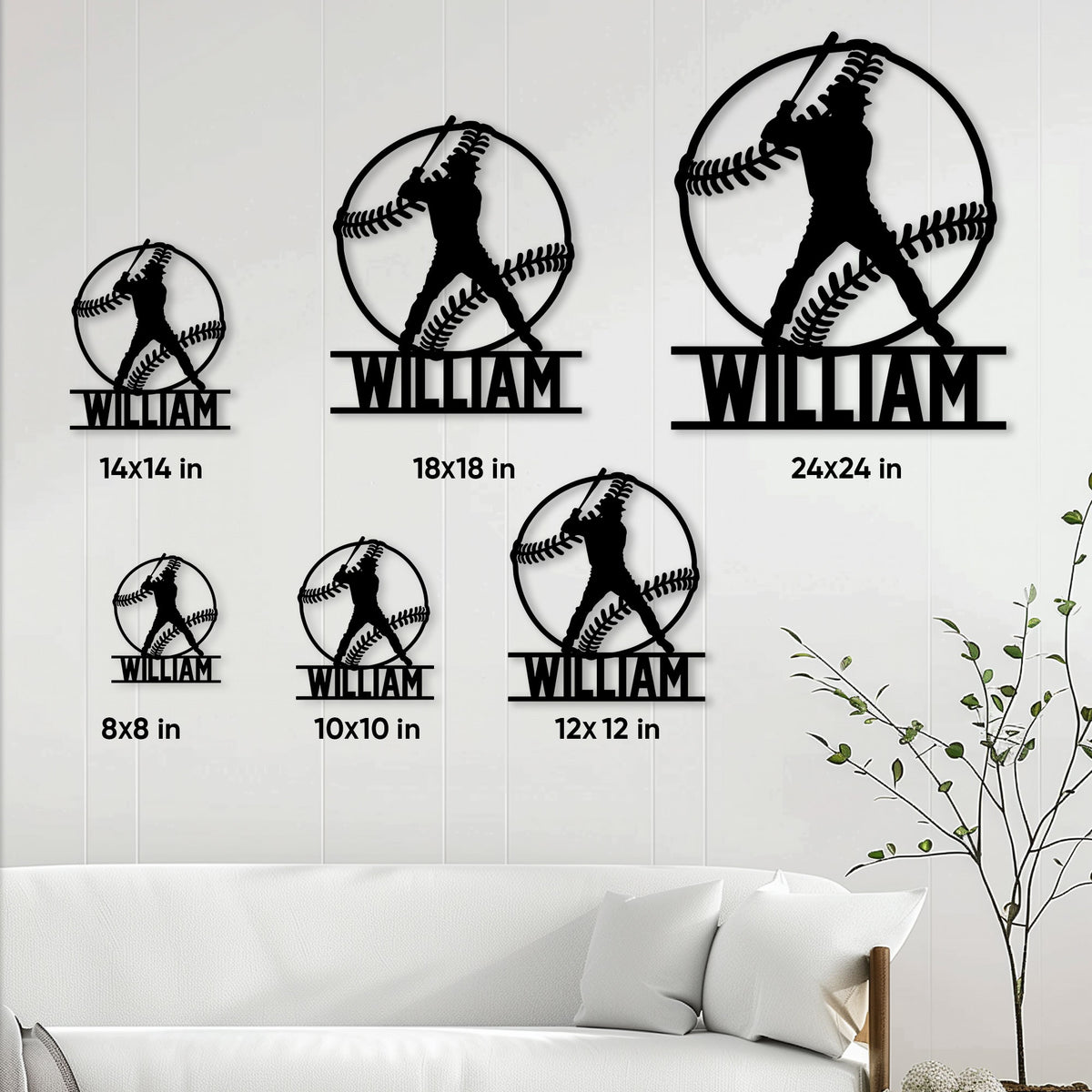 Baseball metal sign size guide showing available square dimensions from 8 by 8 to 24 by 24 inches