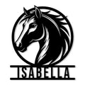 Custom horse head metal sign featuring a bold black equine portrait in a circular silhouette