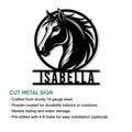 Horse metal sign showing a detailed equine head design alongside product feature information