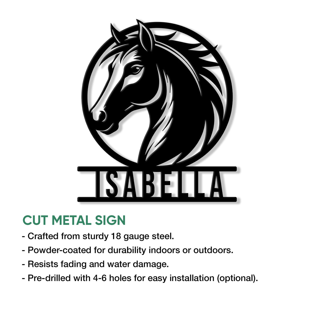 Horse metal sign showing a detailed equine head design alongside product feature information