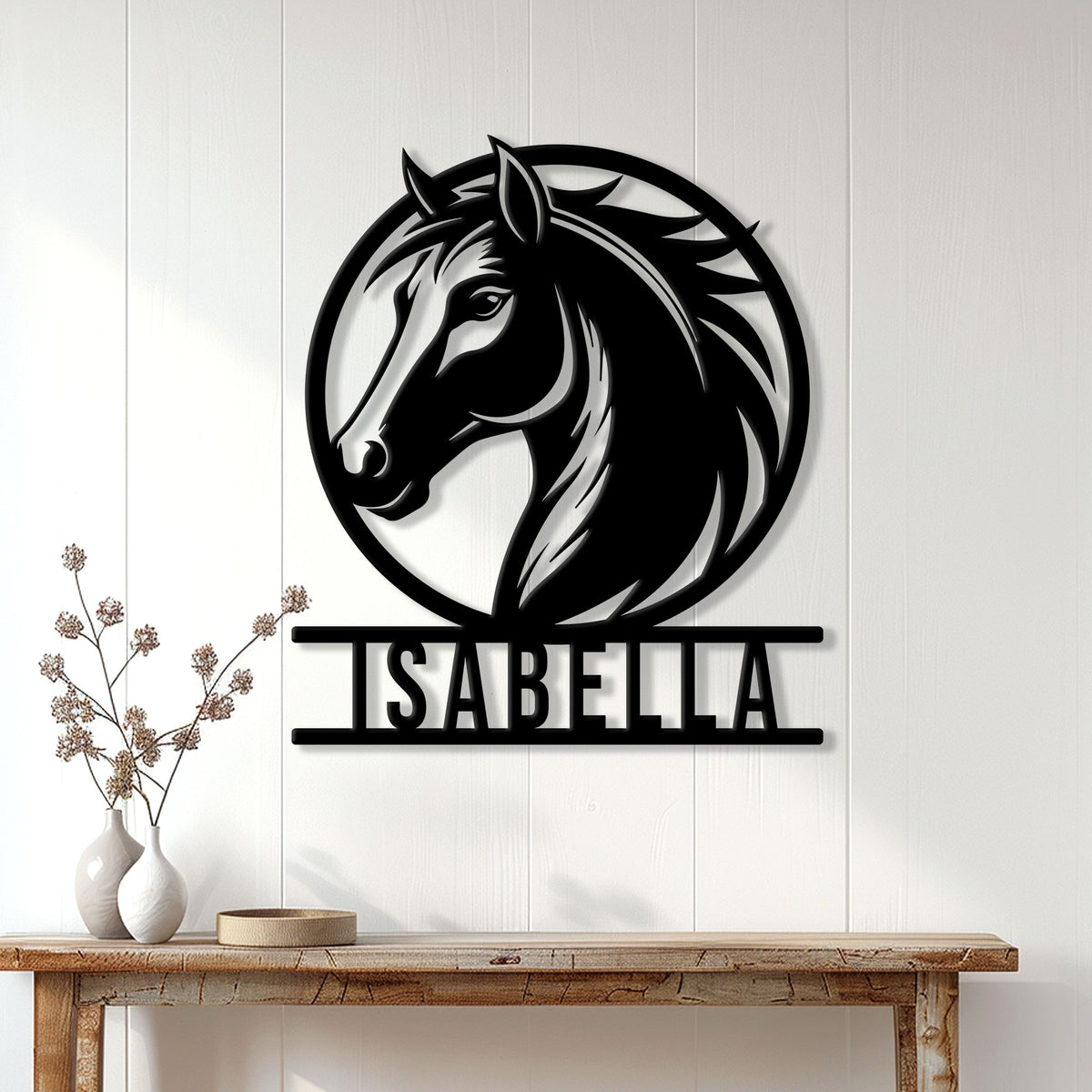 Horse wall decor displayed above a console table in a bright, modern home interior