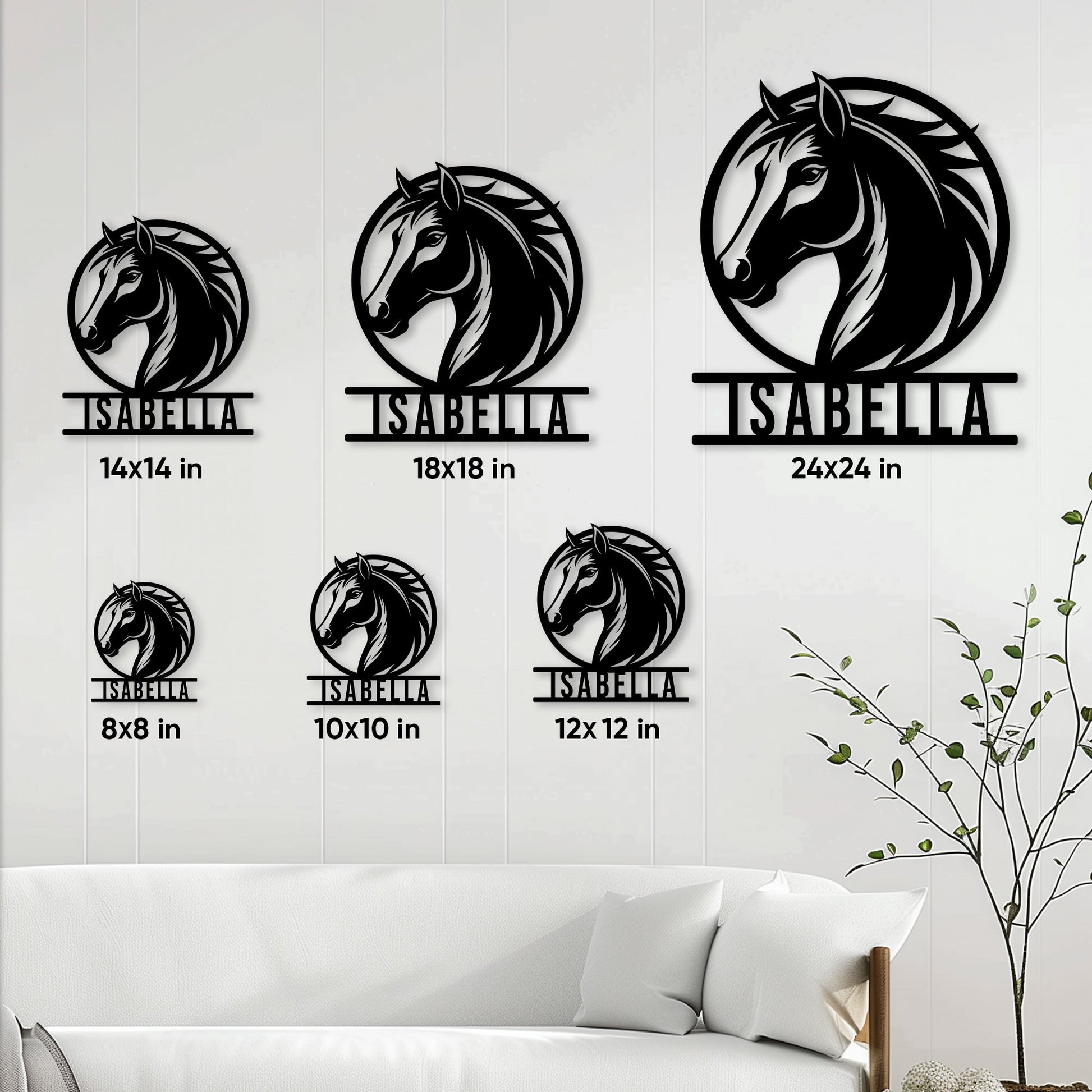 Horse metal sign size guide showing available square dimensions from 8 by 8 to 24 by 24 inches