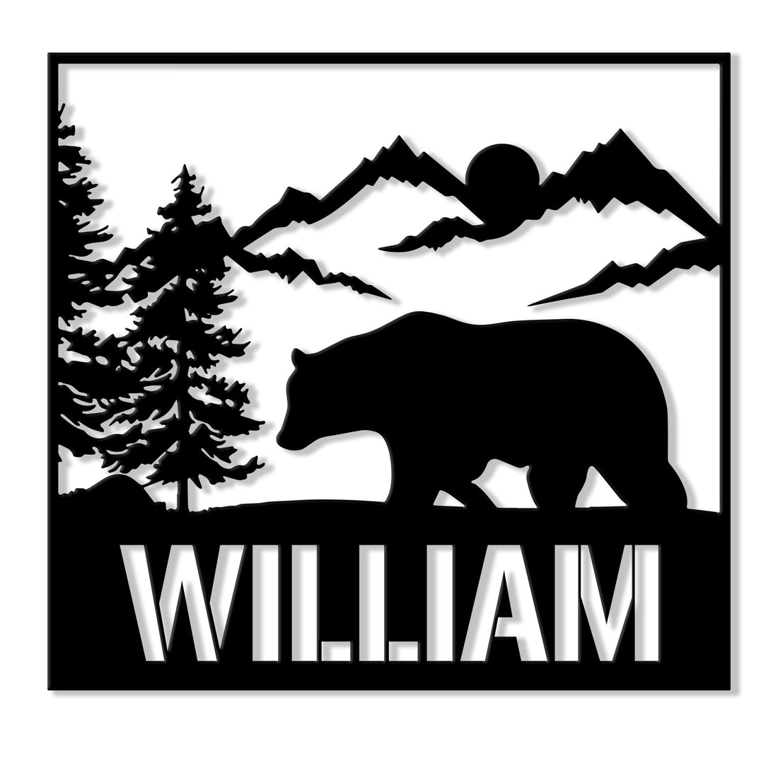 Black bear metal sign featuring a forest, mountain range, setting sun, and bold wilderness silhouette design