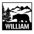 Black bear metal sign featuring a forest, mountain range, setting sun, and bold wilderness silhouette design