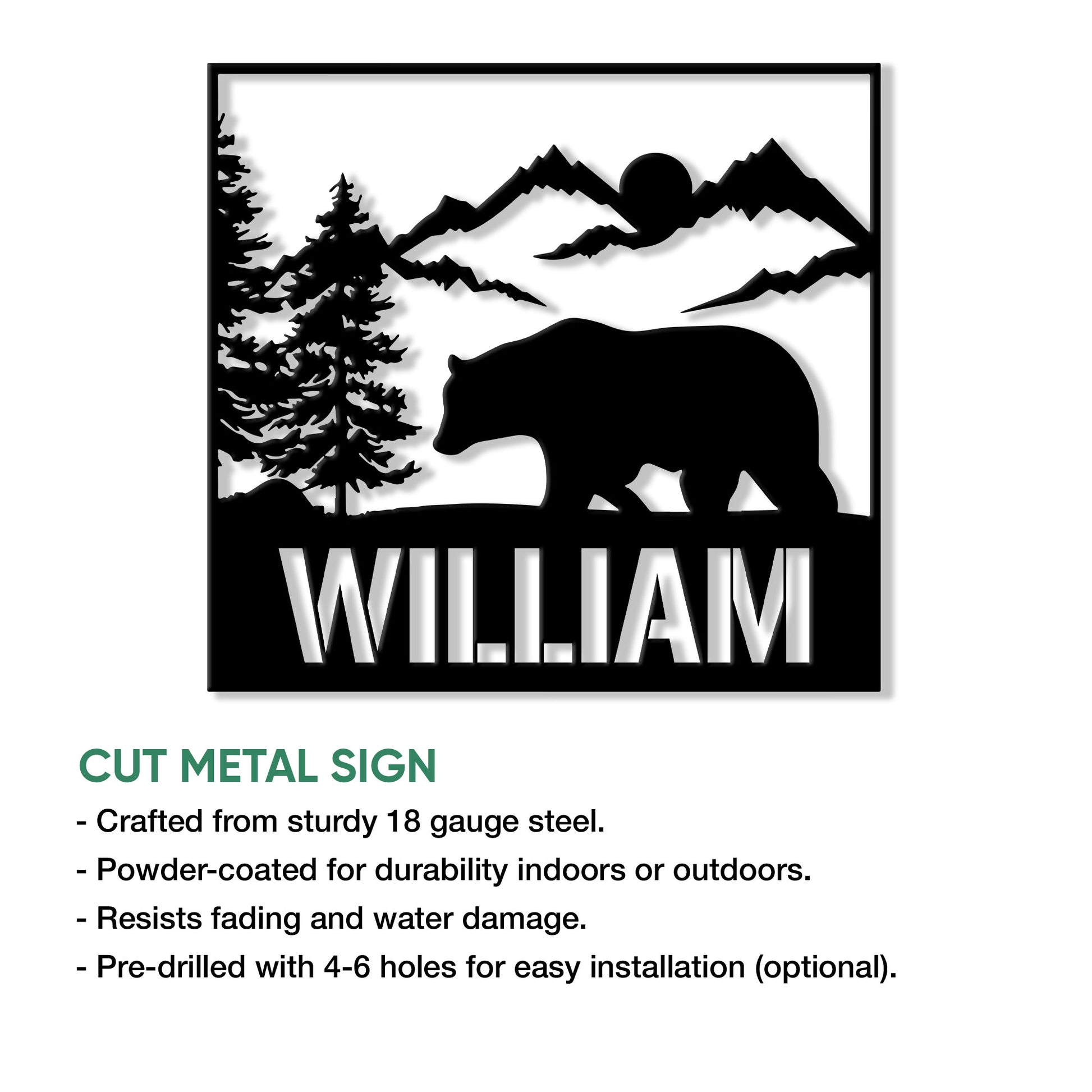 Bear wall sign with a mountain landscape, evergreen trees, and a strong cut metal silhouette presentation