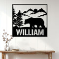 Custom bear metal wall art displayed above a console table in a bright, modern rustic home interior