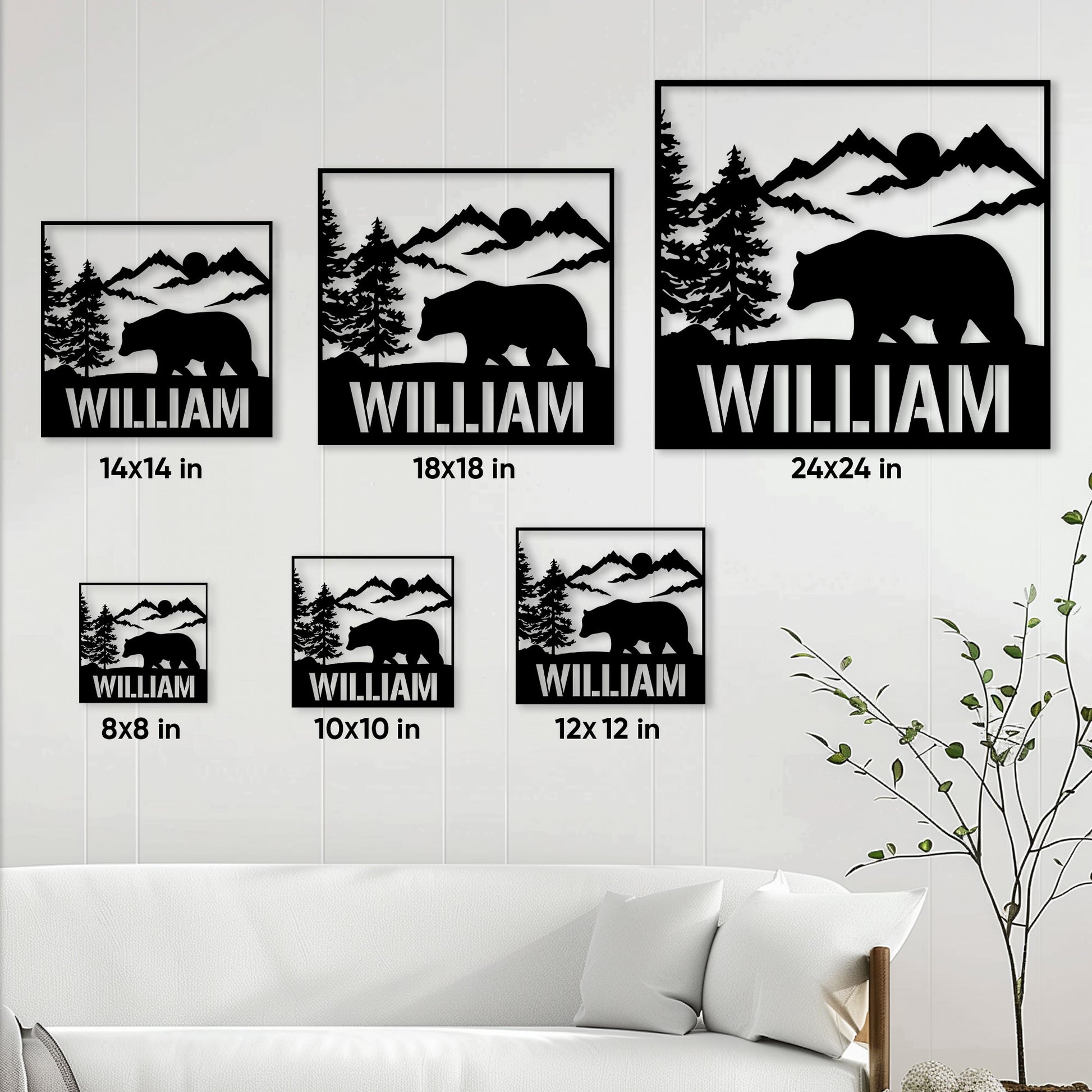 Bear metal sign size guide showing multiple square dimensions for choosing the right wall decor scale