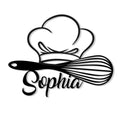 Black metal kitchen sign featuring a chef hat, whisk silhouette, and elegant custom script design