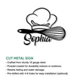 Chef hat and whisk metal sign shown with cut metal sign features and installation information