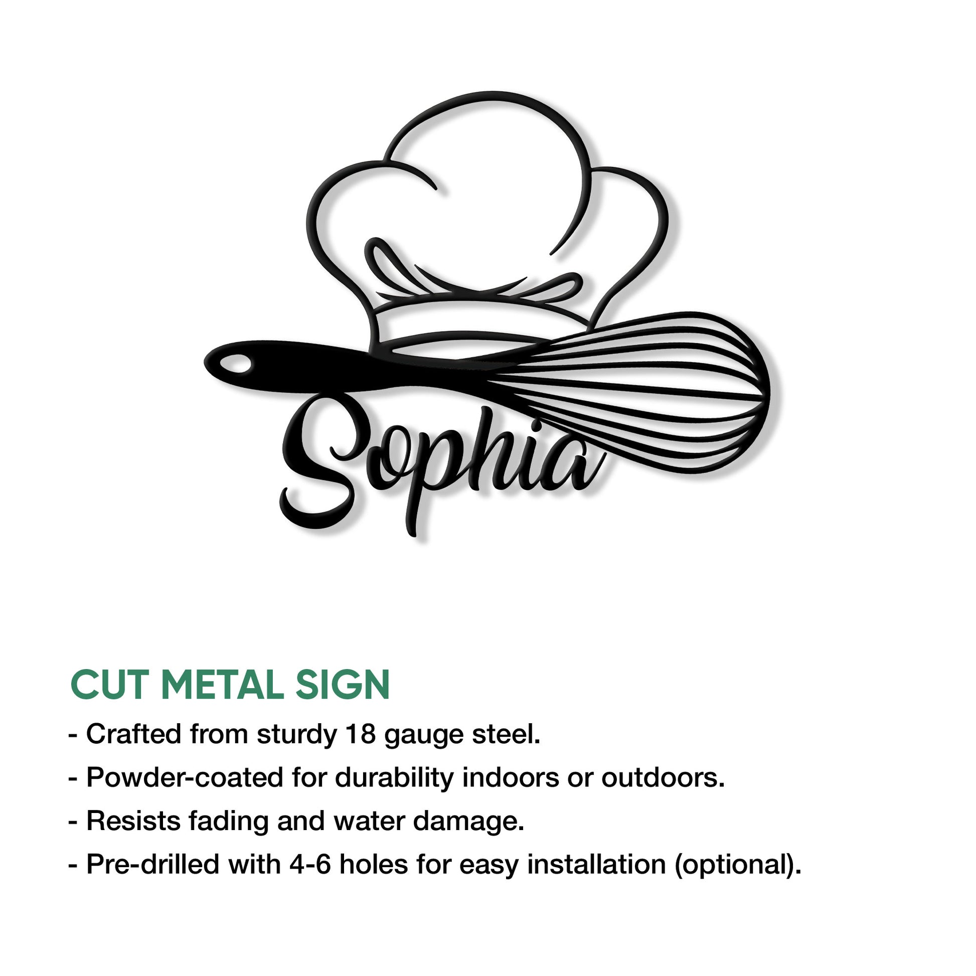 Chef hat and whisk metal sign shown with cut metal sign features and installation information
