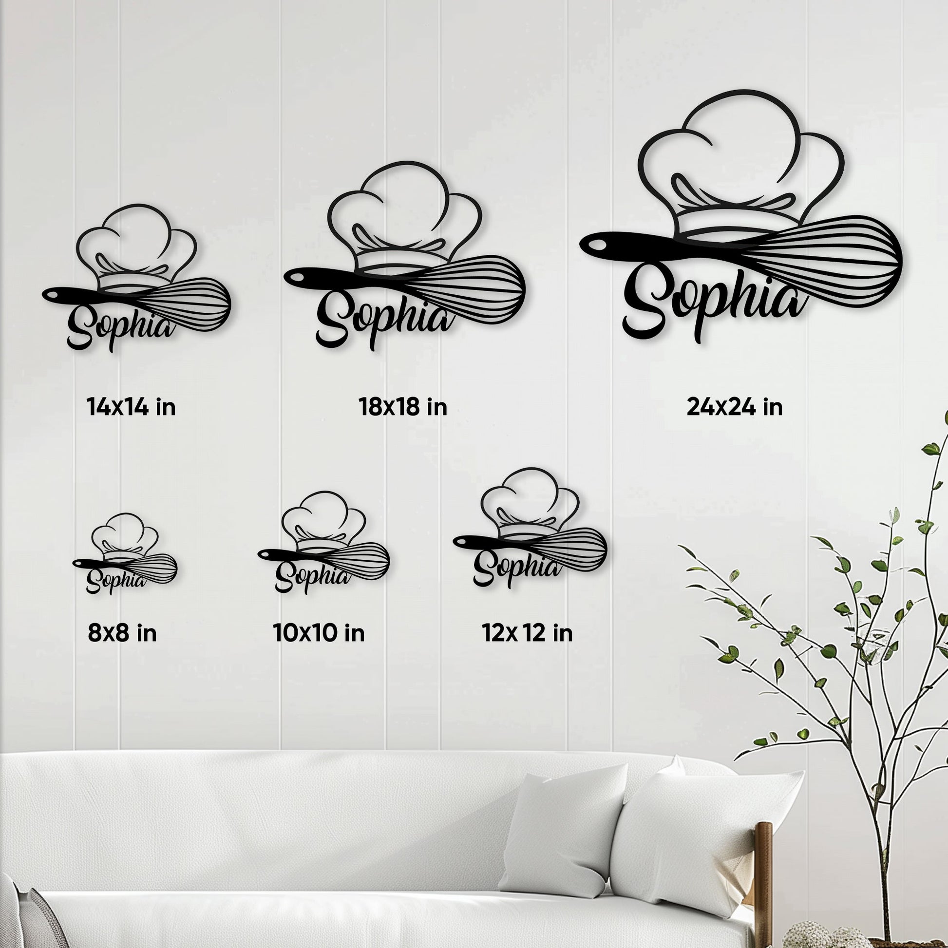 Kitchen chef sign shown in multiple size options ranging from 8 by 8 to 24 by 24 inches
