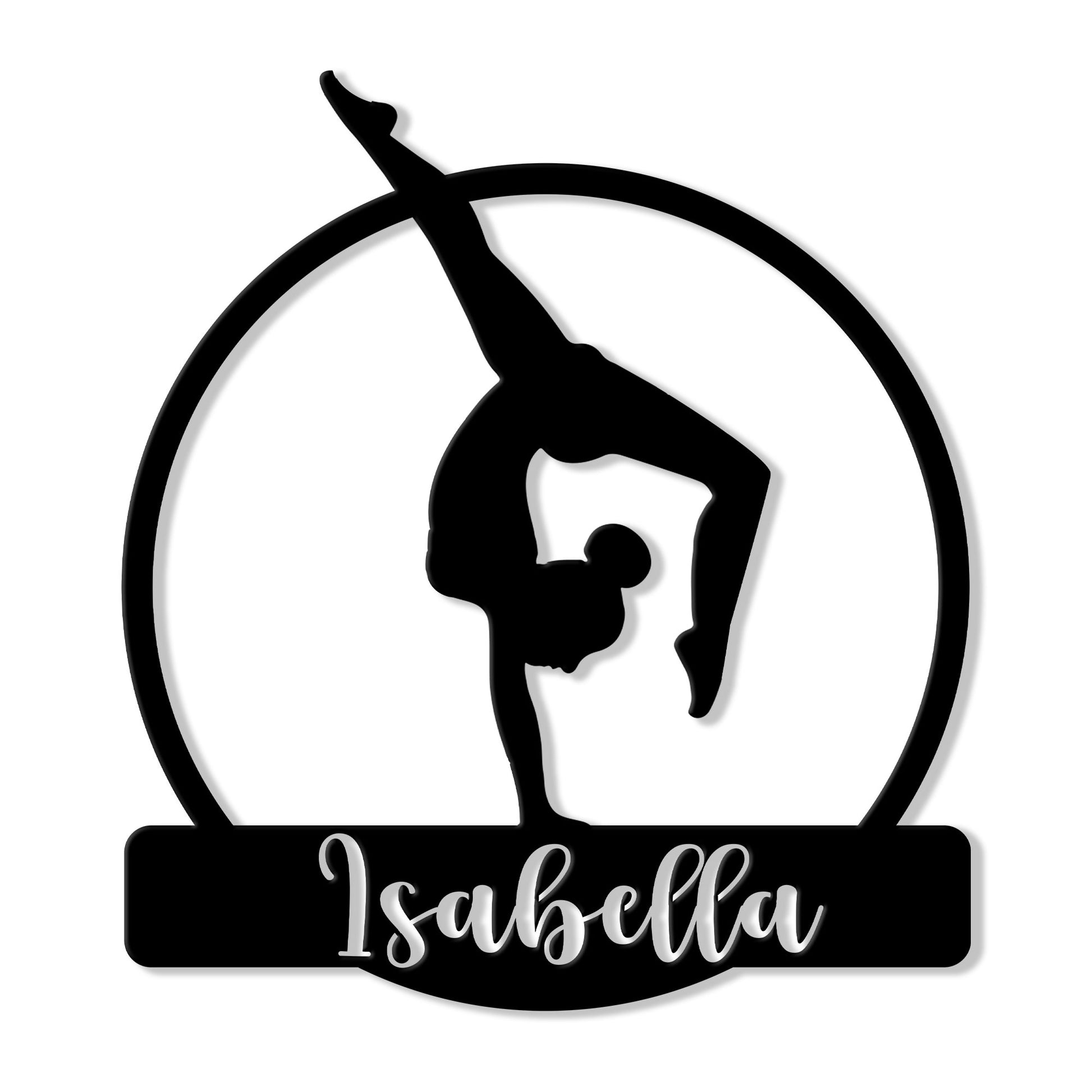 Gymnastics metal sign featuring a gymnast silhouette inside a circular design with a lower nameplate