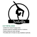 Cut metal gymnastics sign shown with a feature infographic highlighting its wall decor design
