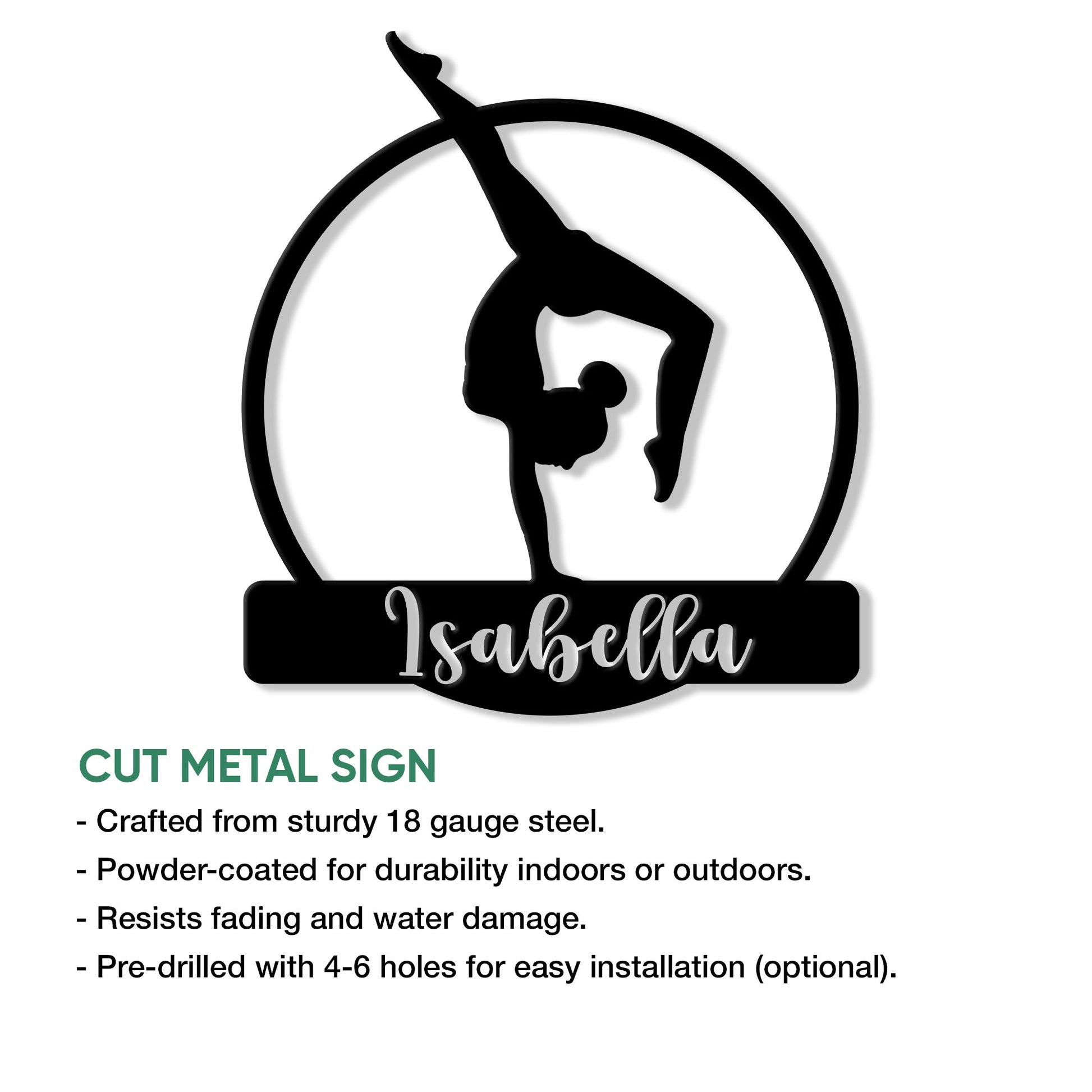 Cut metal gymnastics sign shown with a feature infographic highlighting its wall decor design