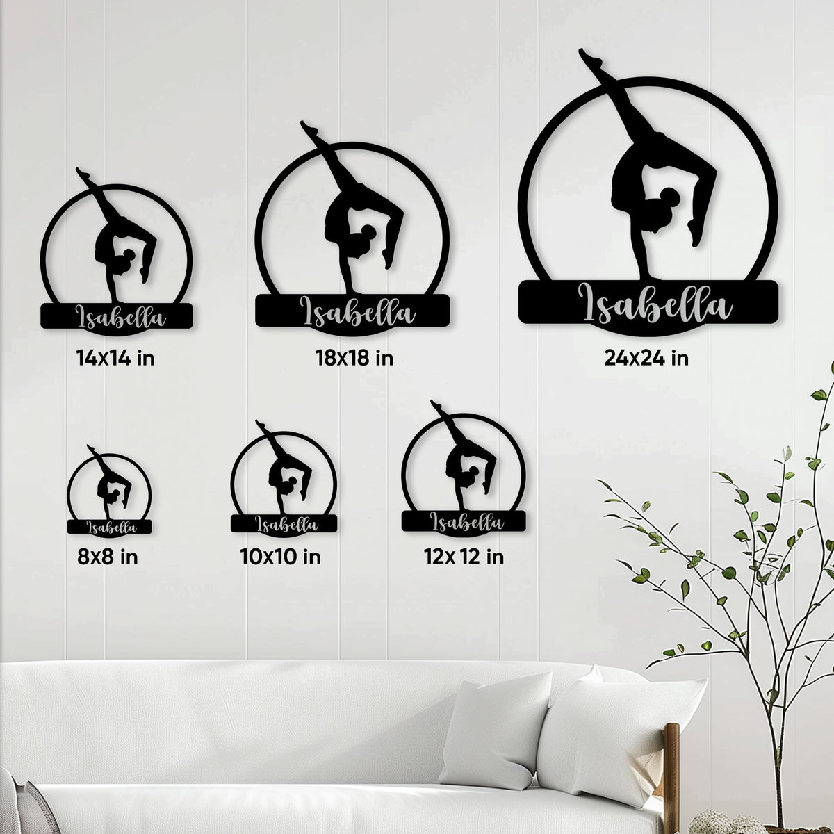 Gymnastics wall sign shown in multiple size options from 8 by 8 to 24 by 24 inches