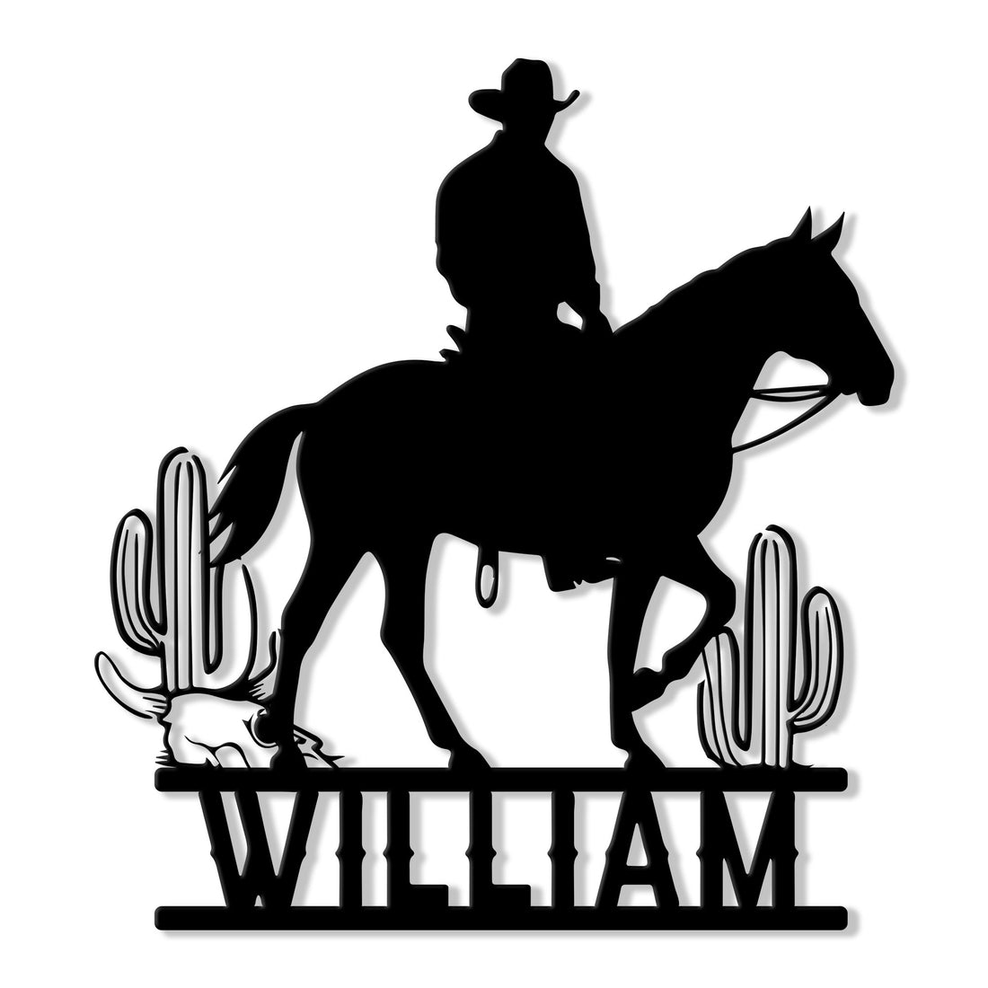 Custom cowboy metal sign featuring a rider on horseback framed by desert cacti in a bold western silhouette