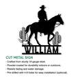 Cowboy horseback silhouette cut metal sign shown with product feature details for indoor or outdoor display