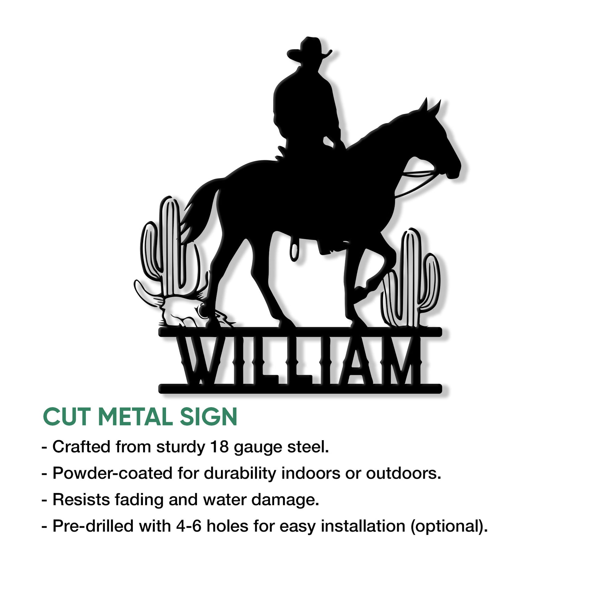 Cowboy horseback silhouette cut metal sign shown with product feature details for indoor or outdoor display