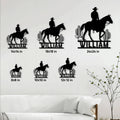 Cowboy horse metal sign size guide showing six square size options from 8 by 8 to 24 by 24 inches