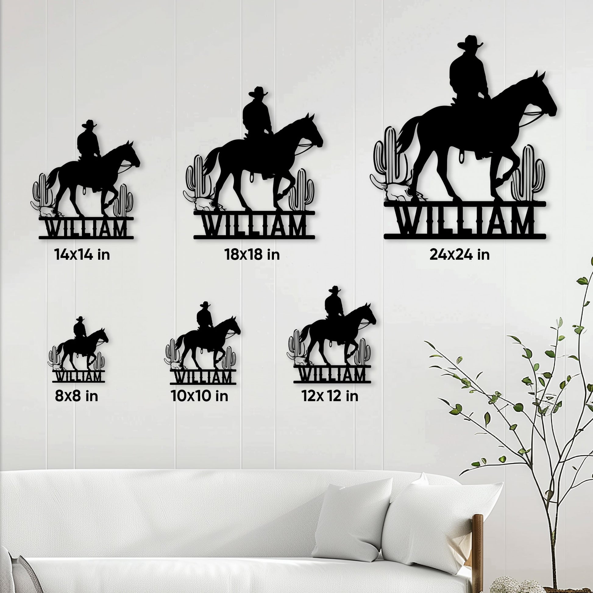 Cowboy horse metal sign size guide showing six square size options from 8 by 8 to 24 by 24 inches